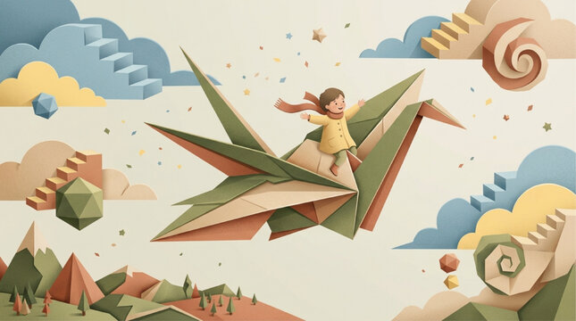 Whimsical AI Generated 3D Papercraft Illustration of a Child Riding a Giant Origami Bird Through a Dreamy Sky with Clouds, Stairs, and Geometric Shapes in Soft Pastel Colors