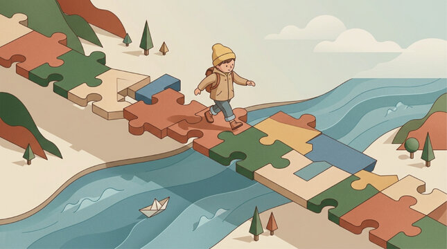 Conceptual illustration of a child with a backpack walking on a bridge made of colorful jigsaw puzzle pieces over a river, symbolizing problem solving, growth, and life's journey, AI generated.