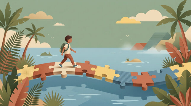 AI Generated illustration of a young boy with a backpack walking across a bridge made of colorful jigsaw puzzle pieces over a tropical sea, symbolizing a journey of growth and connection.