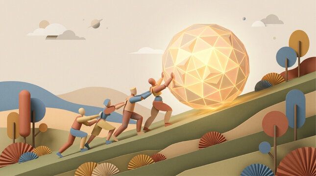 Teamwork and Collaboration Concept: Group of People Pushing a Large Glowing Geometric Sphere Up a Hill in a Stylized 3D Paper-Cut Landscape, Overcoming Challenges Together, AI Generated Illustration
