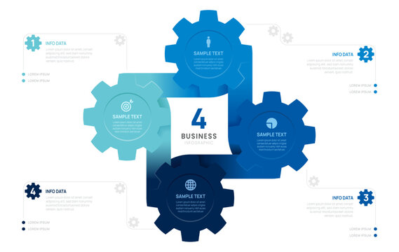 Venn diagram infographic chart template for business 4 circle gear parts, presentation with icon elements vector illustration.
