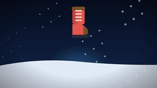 Red winter boot stomping fresh snow with a powder burst