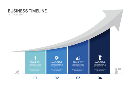 Business Growth Infographic Timeline Template with 4 steps bar chart upward arrow, success roadmap, icons and presentation elements vector illustration.