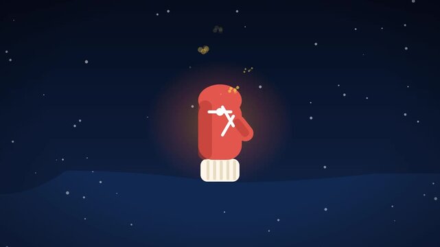 Red mitten glowing warmly with golden heat particles at night