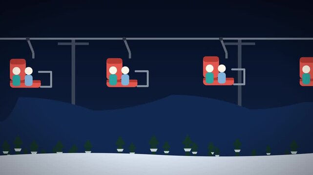 Chairlift cabins carrying skiers over a snowy mountain loop