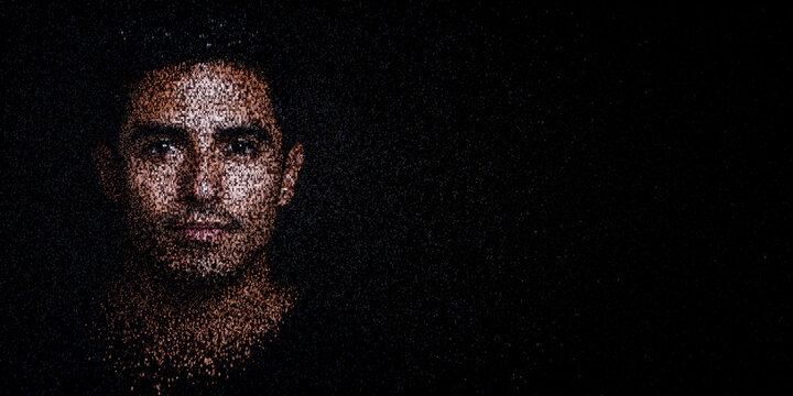 Digital ID Portrait of Latin American Man with Face made up of Code. Digital wallet Concept with copy-space.
