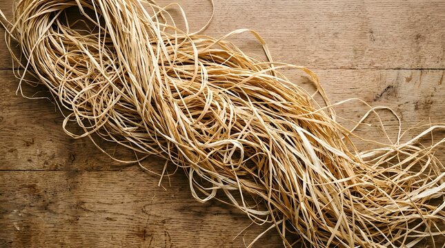 Natural raffia fibers arranged in loose organic strands on a rustic wooden surface.
