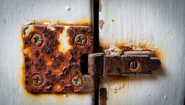close-up of a heavily rusted metal hinge attached to an old white kitchen cabine.