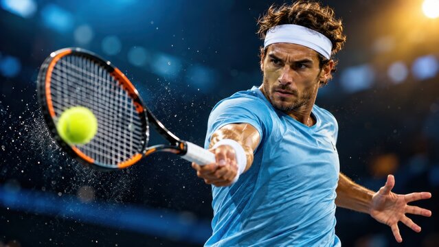 Professional male tennis player in blue shirt hitting powerful forehand with racket during night competition.