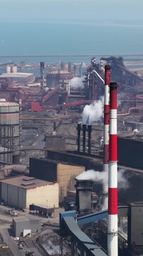 Vertical drone video of blast furnaces and steel production in Dunkirk, France, showing heavy metal industry, smokestacks and large scale industrial manufacturing in Europe.