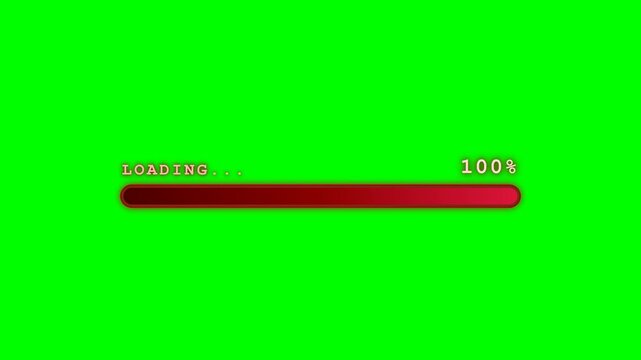 Minimalist professional 4K dynamic loading animation featuring a glowing maroon loading bar, 'LOADING...' text, and a 0-100% indicator over a pure green screen. Container is always visible, only the l
