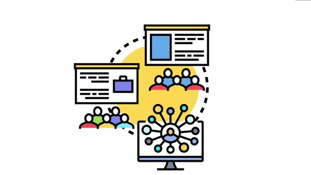 Professional conference meet up concept people attending lectures and connecting online, fostering collaboration and knowledge sharing in a hybrid business environment