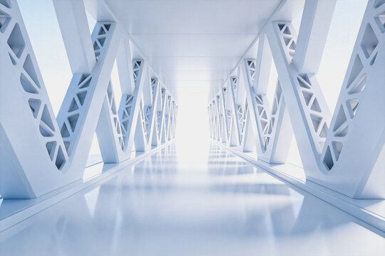 A clean, futuristic interior corridor with symmetrical white structural elements and reflective surfaces.