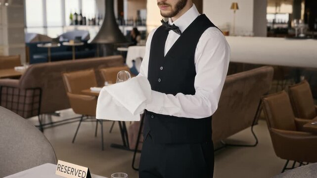Caucasian young adult waiter polishing wine glass with cloth and checking cleanliness in restaurant. Clip perfect for hospitality training, fine dining advertising, and catering promotions