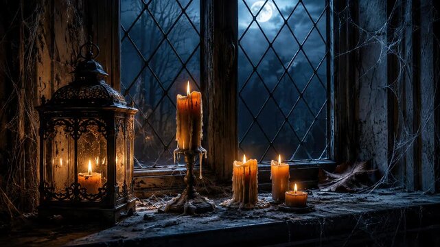 Candles burning beside an antique lantern on a cobwebbed window sill. Halloween decor and gothic still life. Spooky seasonal interior. Vintage candle arrangement by a moonlit window.