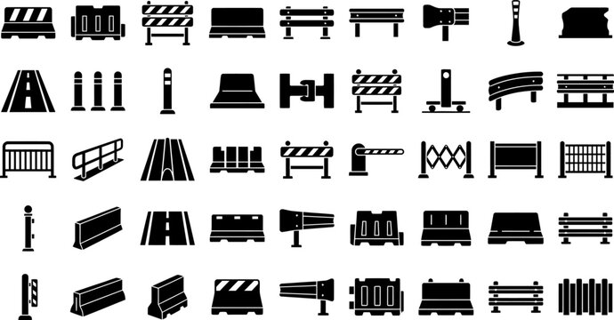 Road barrier and traffic safety icons set, black silhouettes of guardrails, concrete barricades, bollards