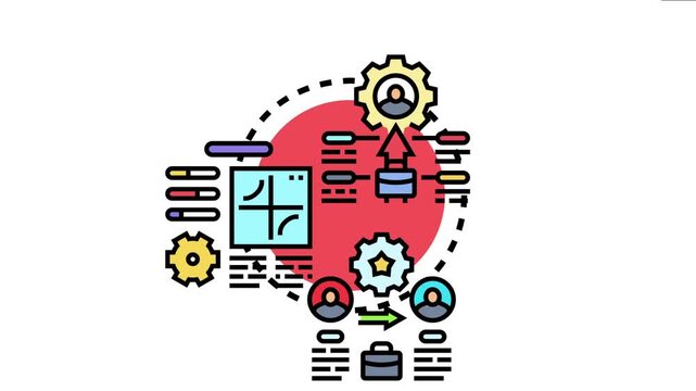 Professional development planner featuring person icons, gears, arrows, charts, and a briefcase, symbolizing strategy, career growth, and self improvement for business success