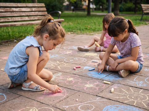 Happy Little Girls Drawing with Chalk on Pavement for Street Children's Day