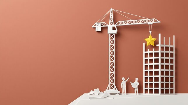 Paper crane lifting yellow star onto building frame with workers on brown background