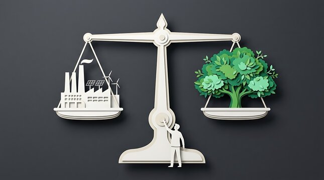 Paper scale balancing industrial factory and green tree on dark grey background