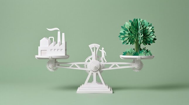 Paper scale balancing factory and tree representing environmental sustainability and industry choices