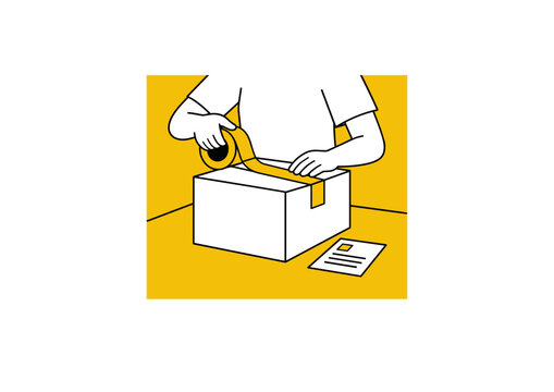 Hands sealing cardboard shipping box with packing tape, order fulfillment logistics illustration