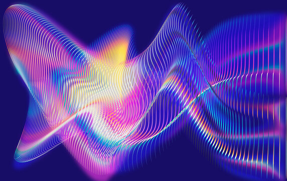 Luminous neon filament waves crossing on deep violet background, futuristic colorful light pattern