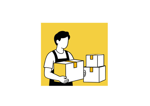 Warehouse worker carrying cardboard delivery package, parcel distribution and shipping illustration