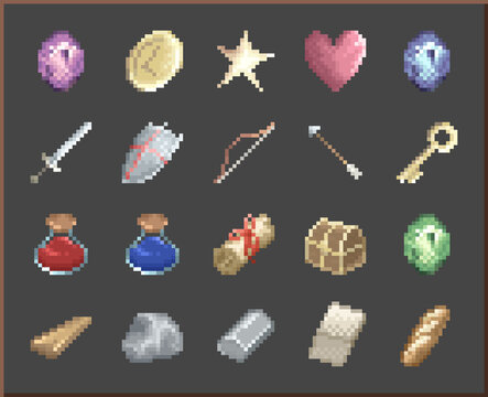 Pixel art fantasy RPG item icon set including crystal, coin, star, heart, sword, shield, bow, arrow, key, potions, scroll, treasure chest, and crafting materials (16x16)