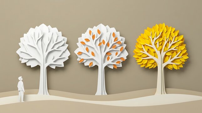Small person observing three layered paper trees showing seasonal change on beige background