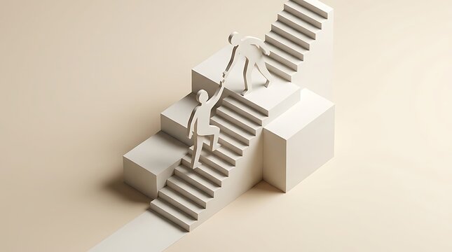 White paper figures helping each other climb stairs on a minimalist beige background