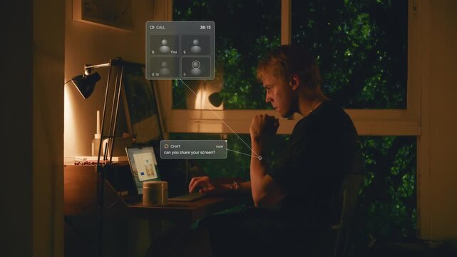 Static shot of a man in profile on a late video call at a laptop, Bangkok, Thailand at night: frosted glass panels overlay with remote work, video call tiles, chat bubble