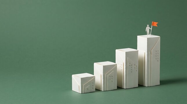 Paper figure holding orange flag on top of white building blocks bar chart