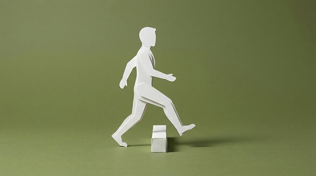 White paper cutout man stepping over small block on solid olive green background