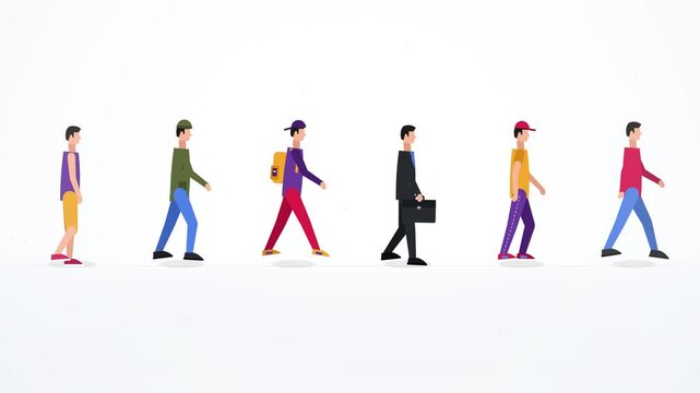 Group of diverse cartoon people walking in a row together isolated on a white background vector illustration