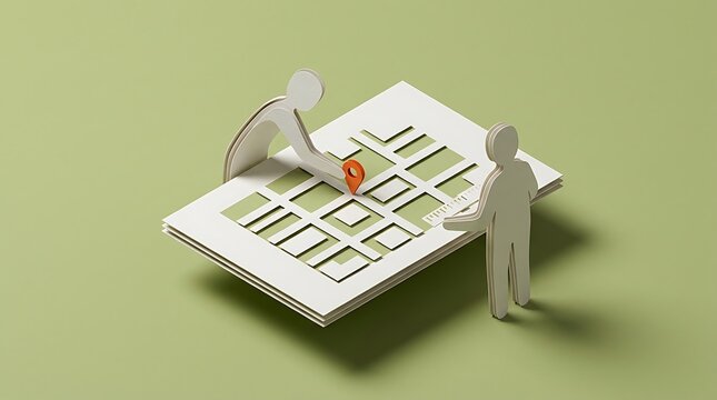 Paper figures planning route on grid map with orange location pin marker