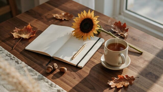 Open notebook with sunflower, autumn leaves, and coffee cup on wooden.