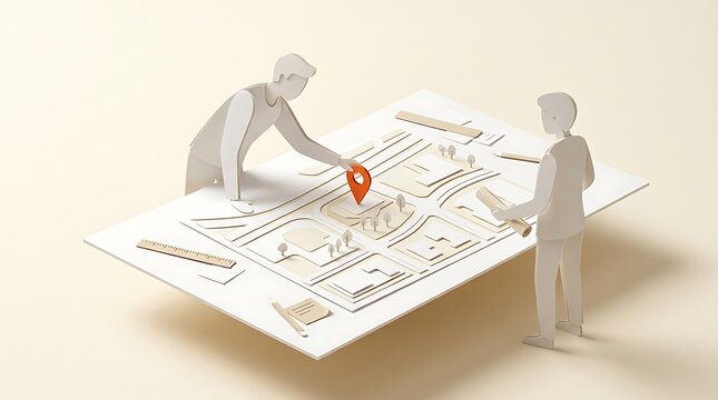 Paper figures planning urban development on map with orange location pin marker