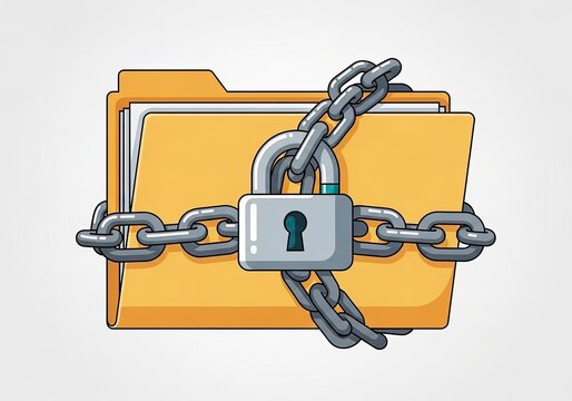 Yellow file folder secured with a silver padlock and heavy metal chain on white