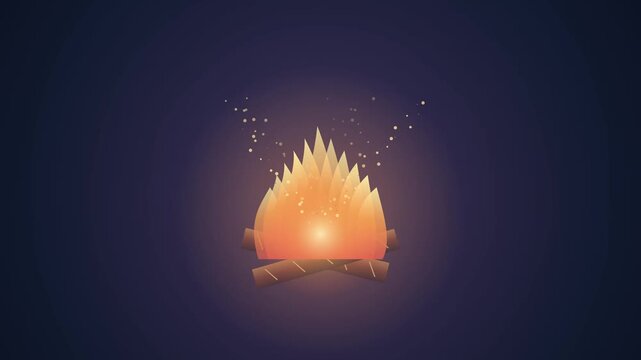 Glowing cartoon campfire with bright flames and wooden logs on a dark background vector illustration