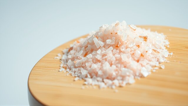 Pink salt rests upon wooden surface. Crystals appear coarse, natural, suitable seasoning or culinary use. Simple presentation.