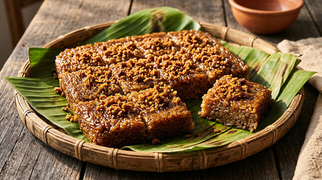 Traditional Filipino brown sugar sticky rice cake cut into squares on banana leaves and woven bamboo tray
