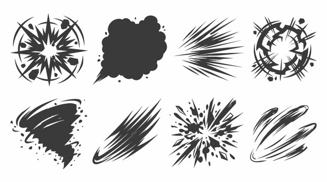 Set of Black Explosion Clouds and Fire Silhouette Vector Effects
