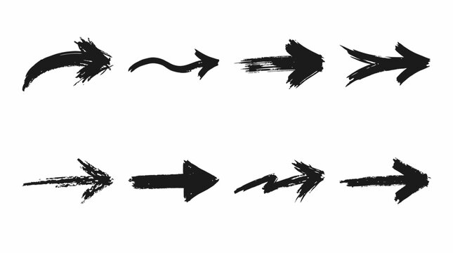 set collection black arrows hand drawn in many variation vector  