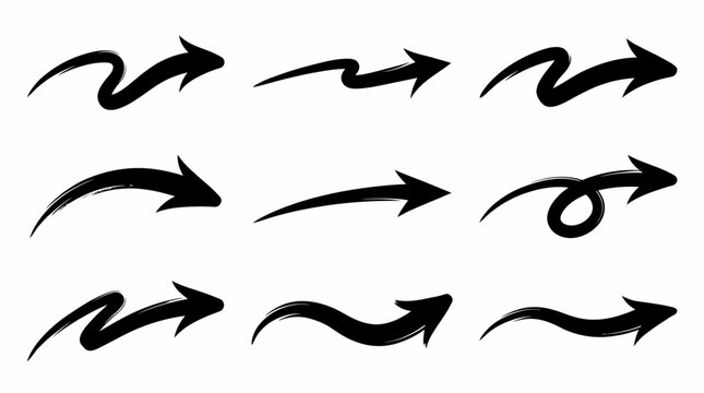 set collection black arrows hand drawn in many variation vector  