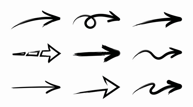 set collection black arrows hand drawn in many variation vector  