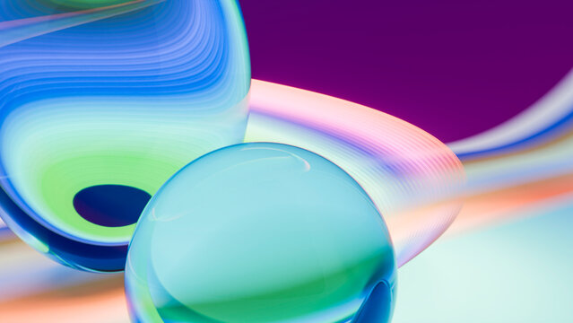 Colorful abstract digital artwork with reflective glass spheres