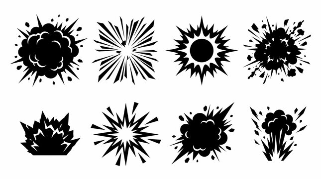 Set of Black Explosion Clouds and Fire Silhouette Vector Effects