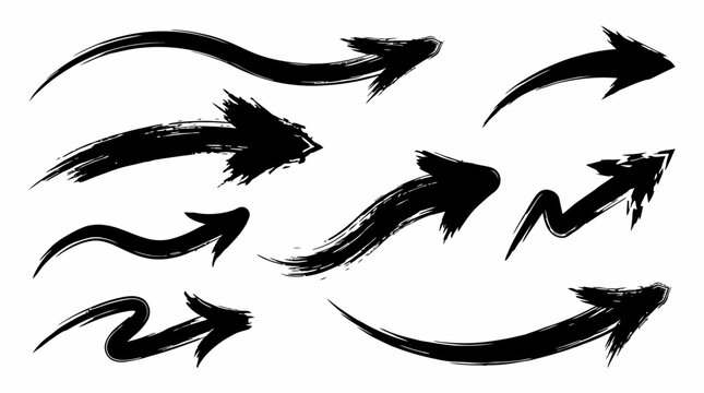 set collection black arrows hand drawn in many variation vector  