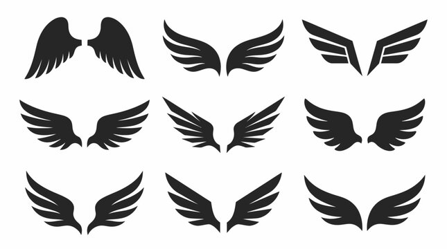 set collections pairs of black angel wings vector on white background